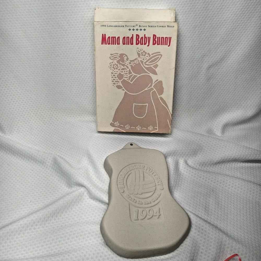 Vintage Longaberger Woven Traditions Ceramic Bunny Cookie Mold Tie-On 1994 Box